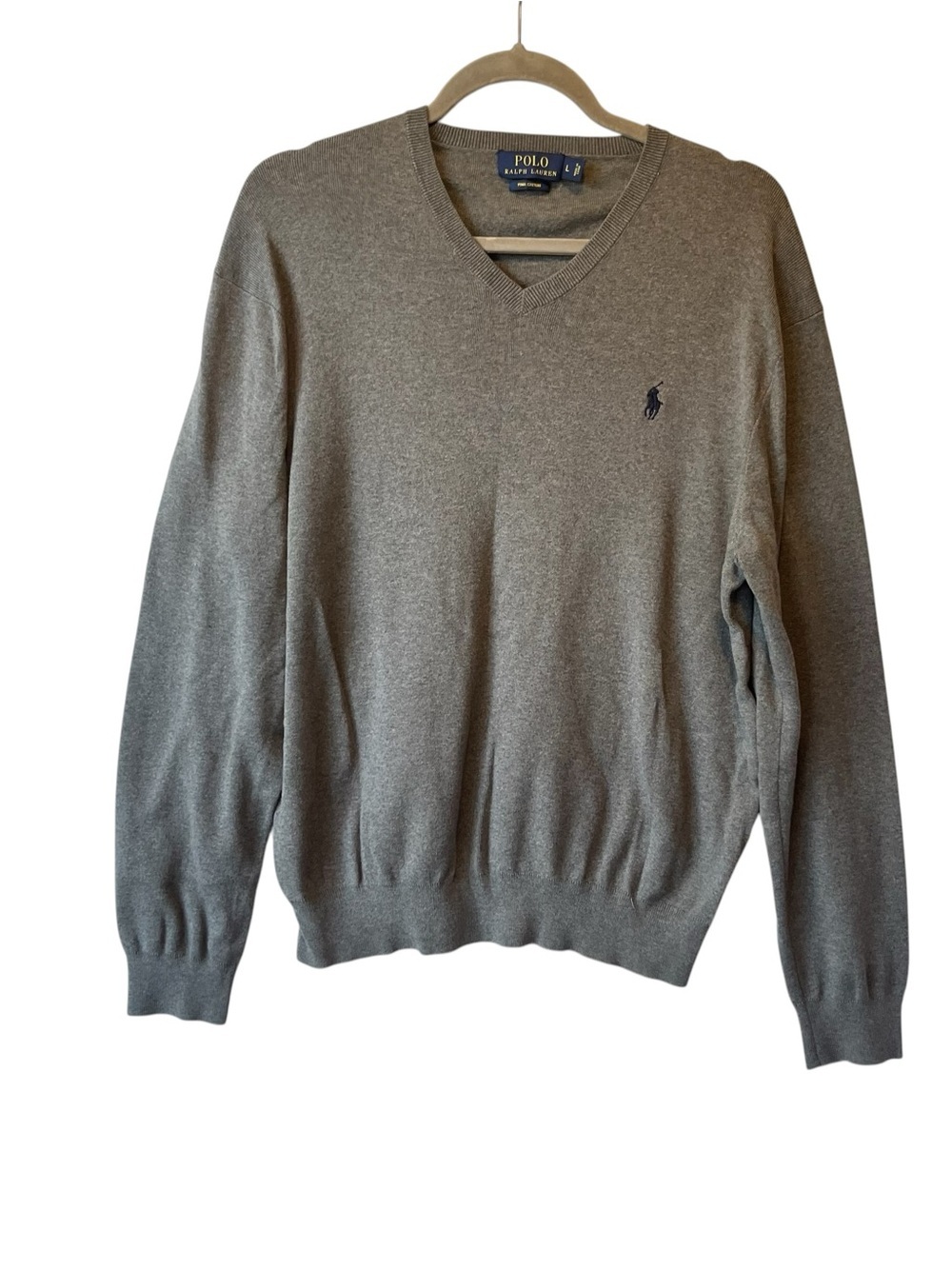 Polo Ralph Lauren jumper Sweater Large Gray V-neck Pima cotton Logo Mens FLAW